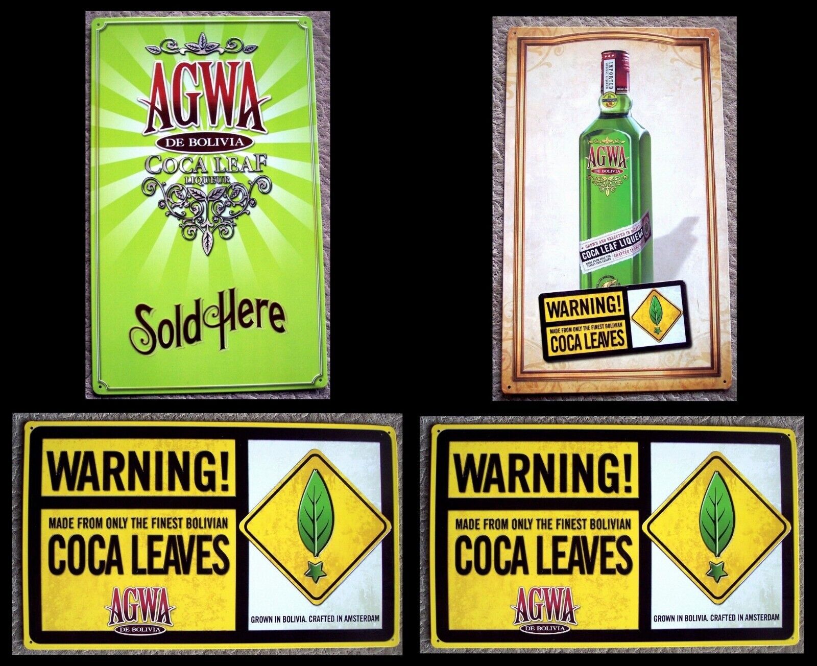 4 Vintage Tin Signs AGWA De Bolivia Coca Leaf Liqueur  9.5