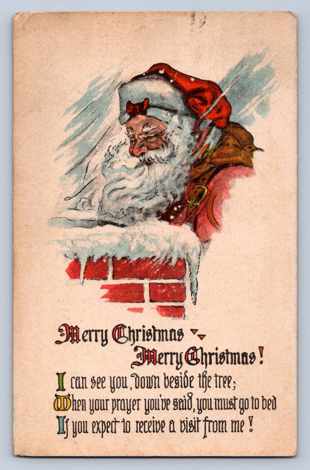 J99/ Santa Claus Christmas Postcard c1910 Chimney Snow 411