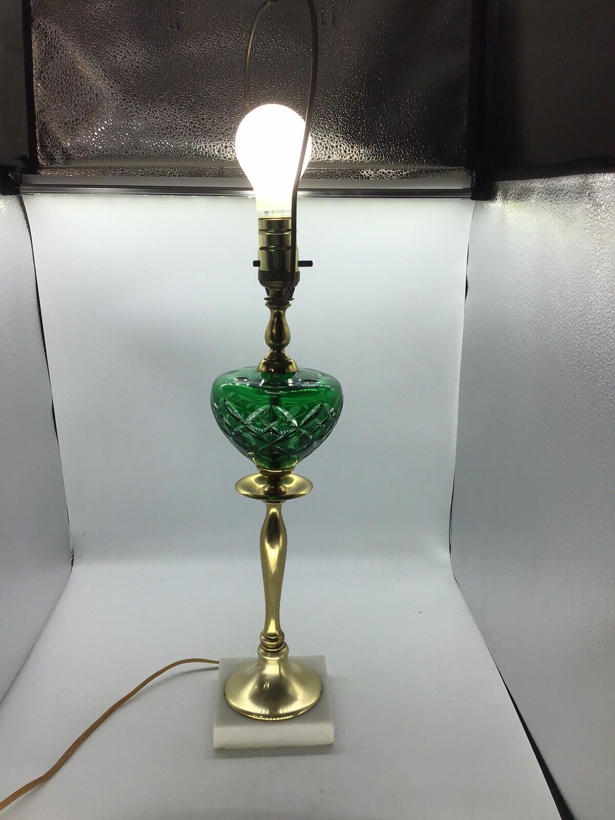 Vintage Cut To Clear Green Brass Lamp (28 In Tall X 4.25 In Wide At Base)