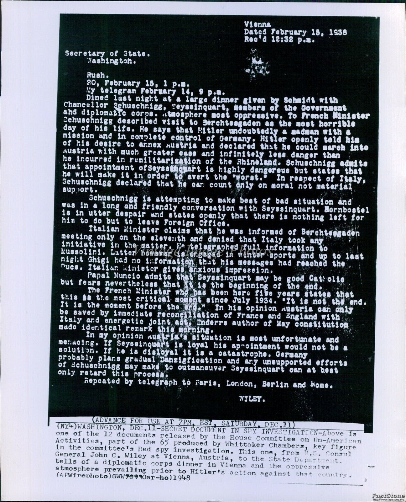 1948 Gen John Wiley Secret Document Released By Huac Politics Wirephoto 8X10