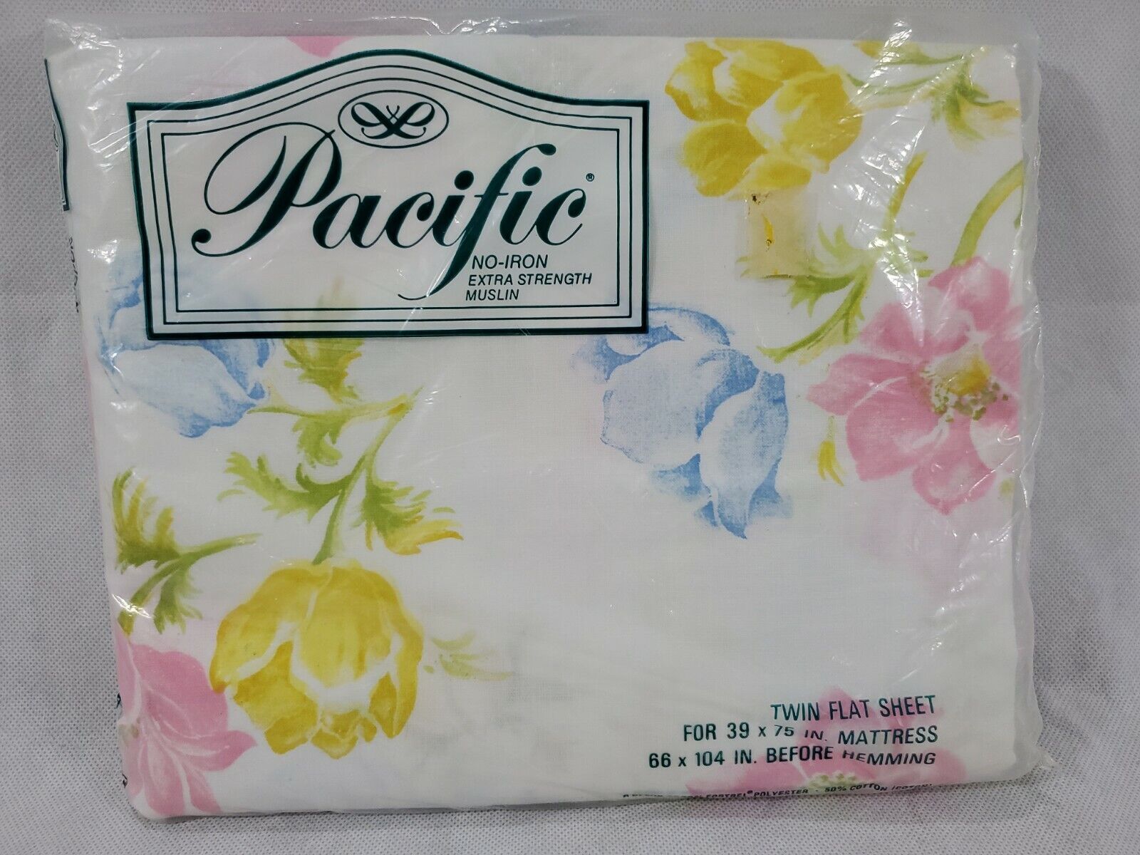 Vintage Pacific Flat Sheet Twin ANEMONES Floral No-Iron Muslin New 