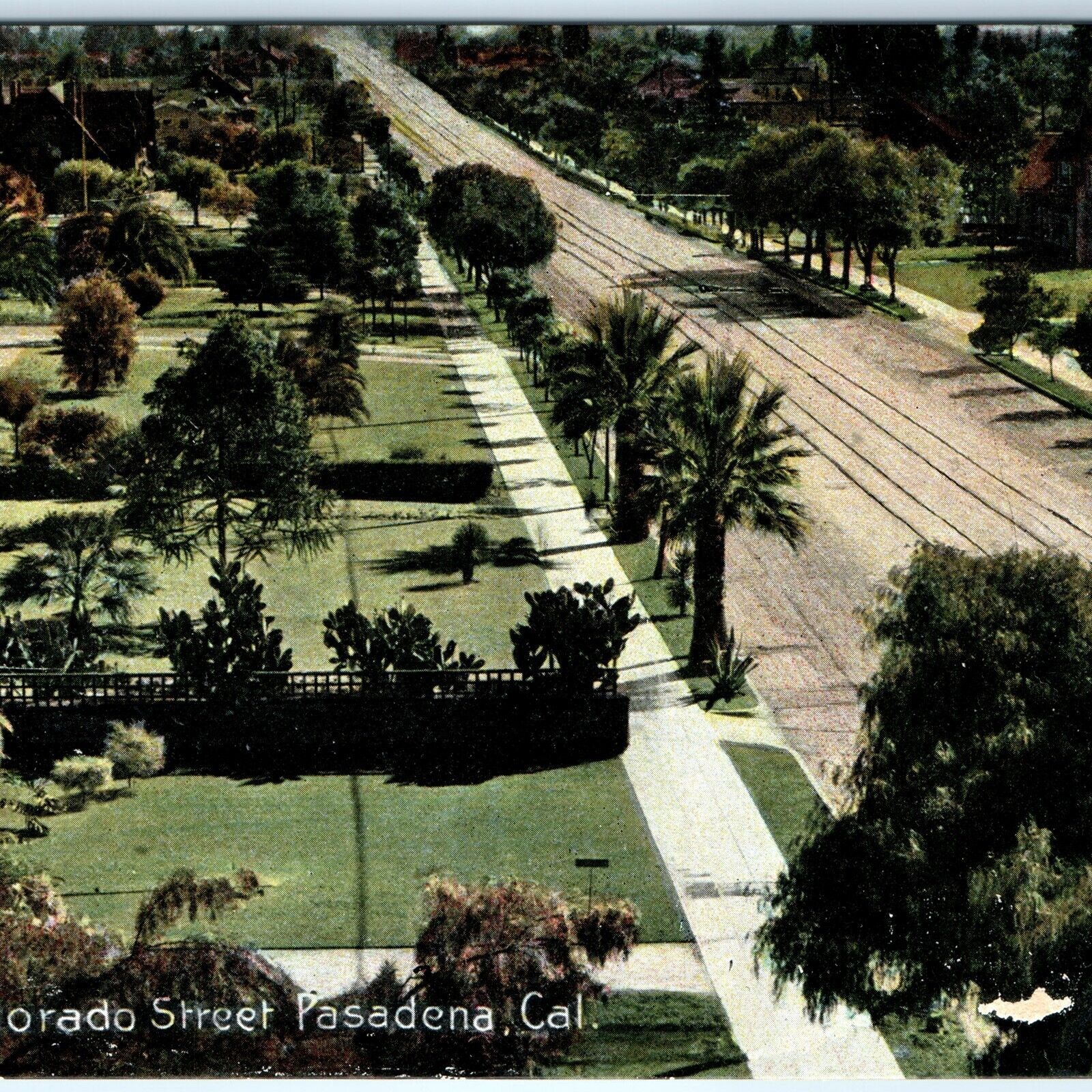 c1910s Pasadena, CA East Colorado St Birds Eye Postcard Trolley Houses Cali A90