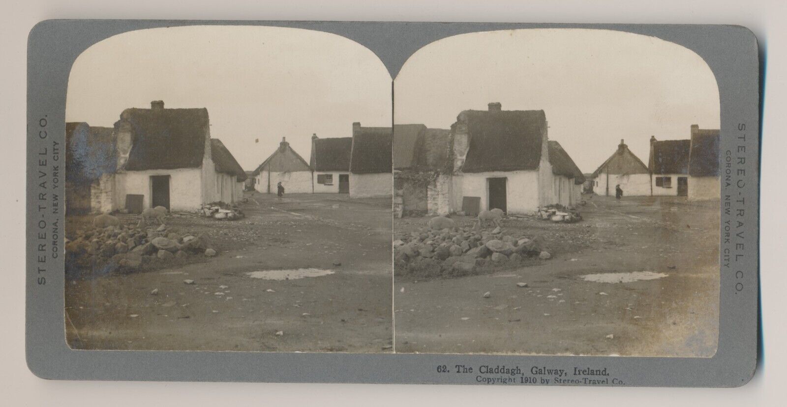 Stereoview Ireland #62 The Claddagh, Galway Village with Pigs Stereo-Travel Co