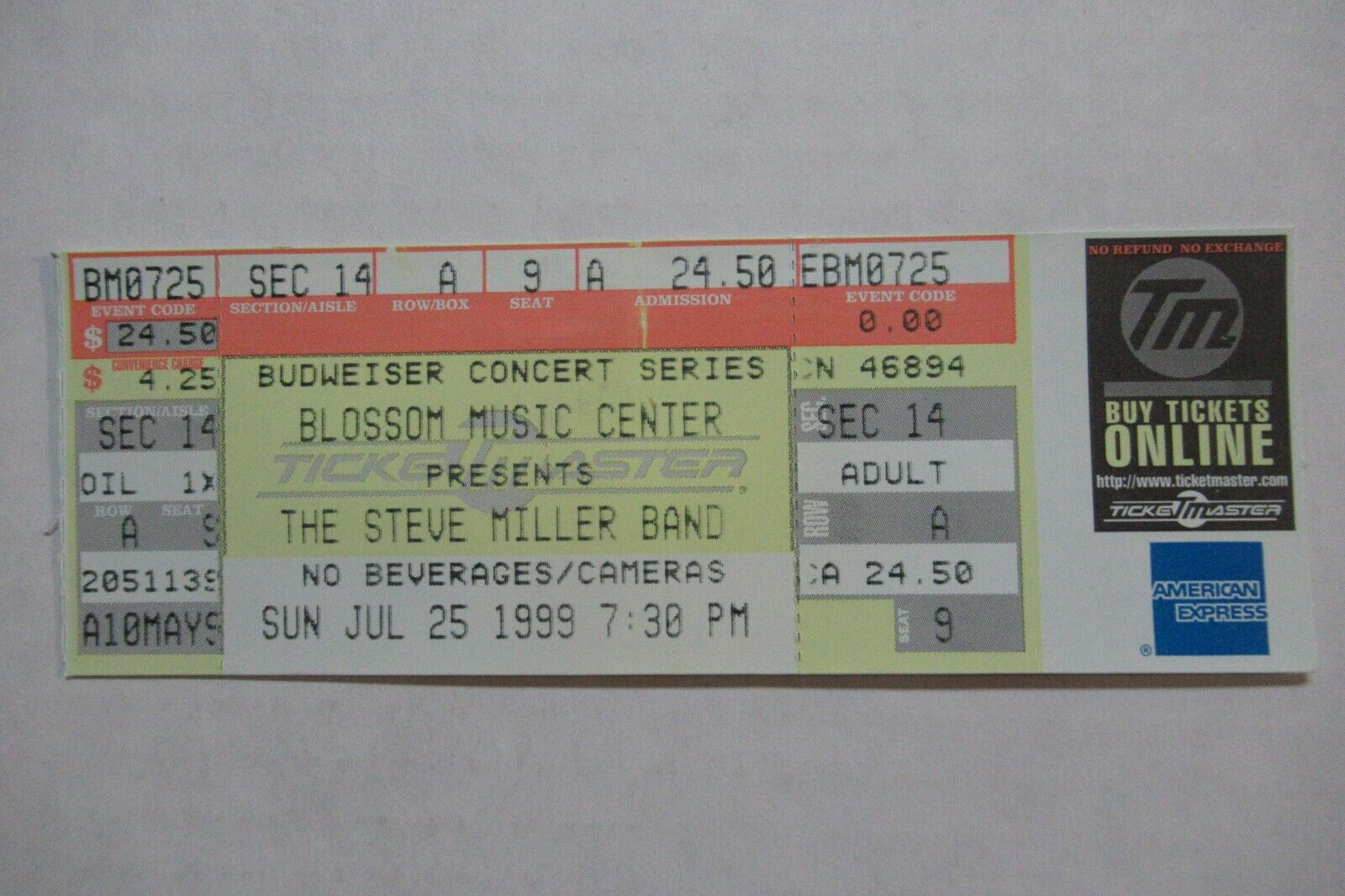 THE STEVE MILLER BAND CONCERT TOUR 7/25/1999 FULL TICKET BLOSSOM CUYAHOGA FALLS