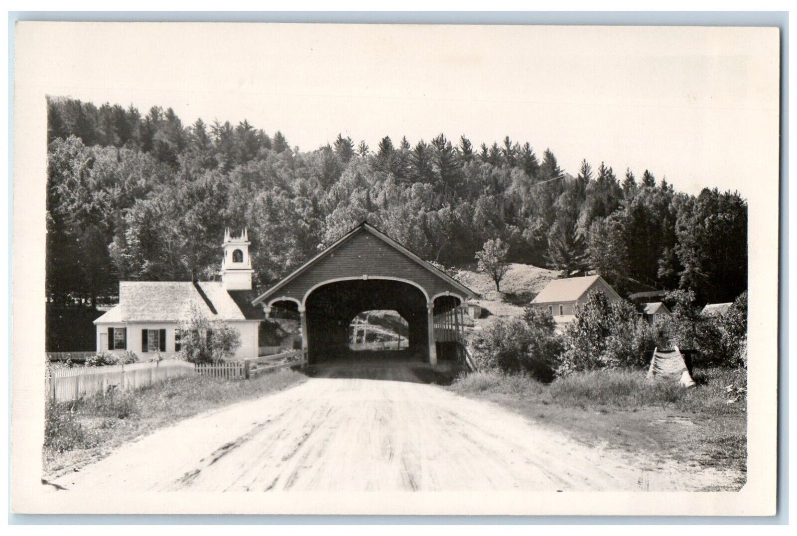 c1940's Covered Bridge Church Dirt Road Stark NH Vintage RPPC Photo Postcard