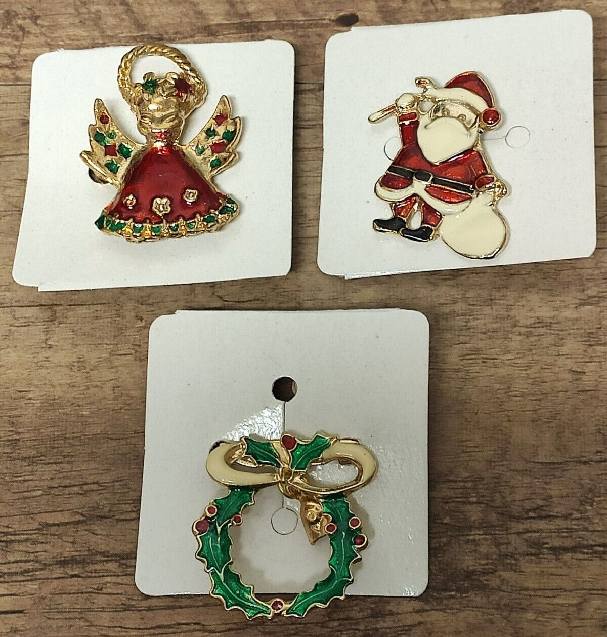 3 Christmas Pins- Santa, Angel And Wreath