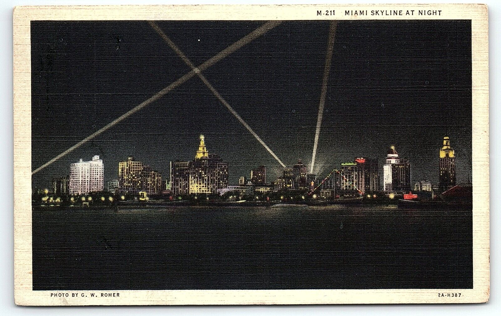 1932 MIAMI FLORIDA MIAMI SKYLINE AT NIGHT C.W. ROMER PHOTO LINEN POSTCARD P2711