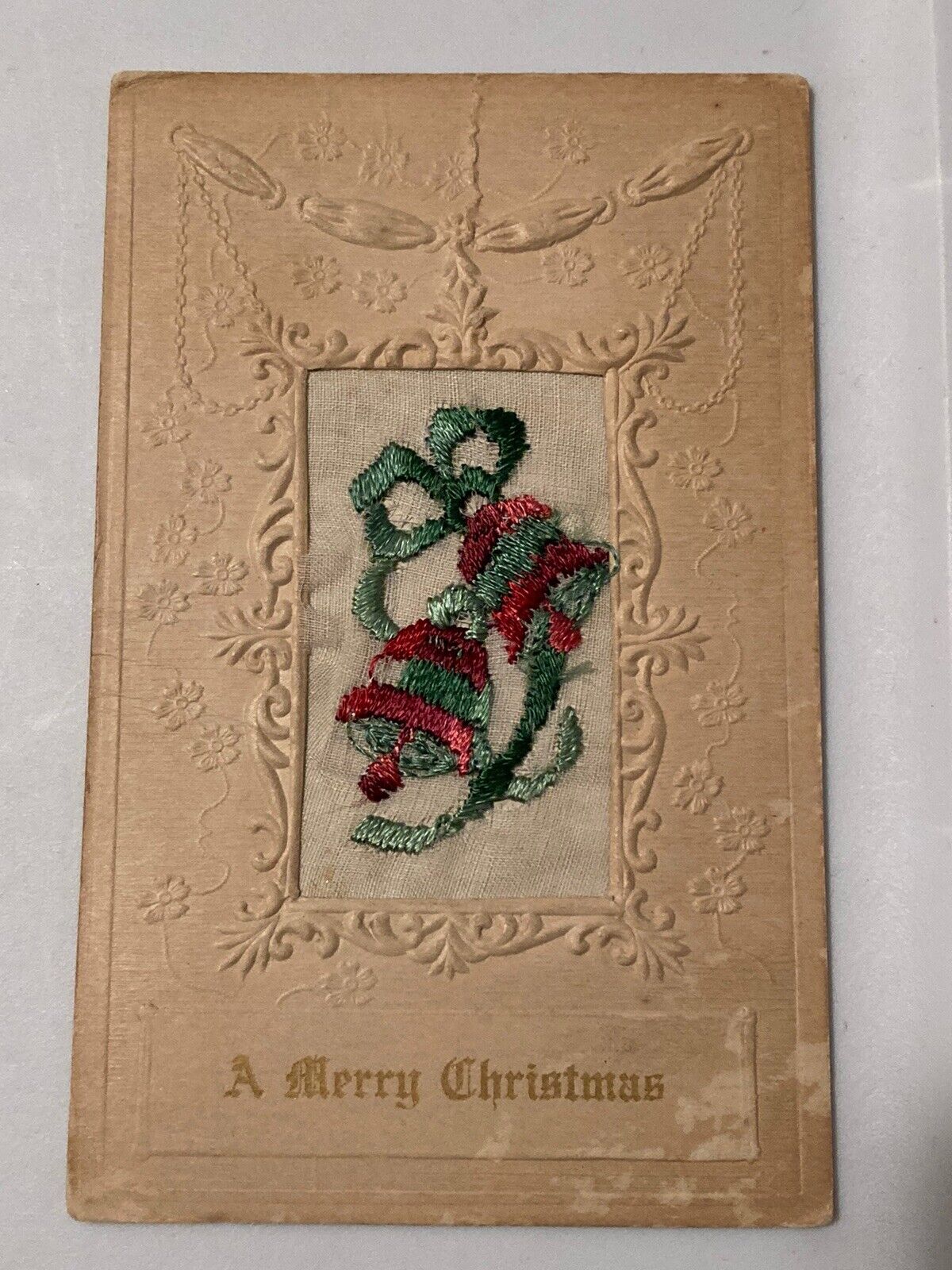 1916 Merry Christmas Postcard Embroidered Holiday Bells Embossed Floral Pattern