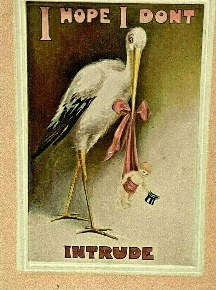 Early 1900s Postcard B.B. London Stork Baby Top Hat Announcement German