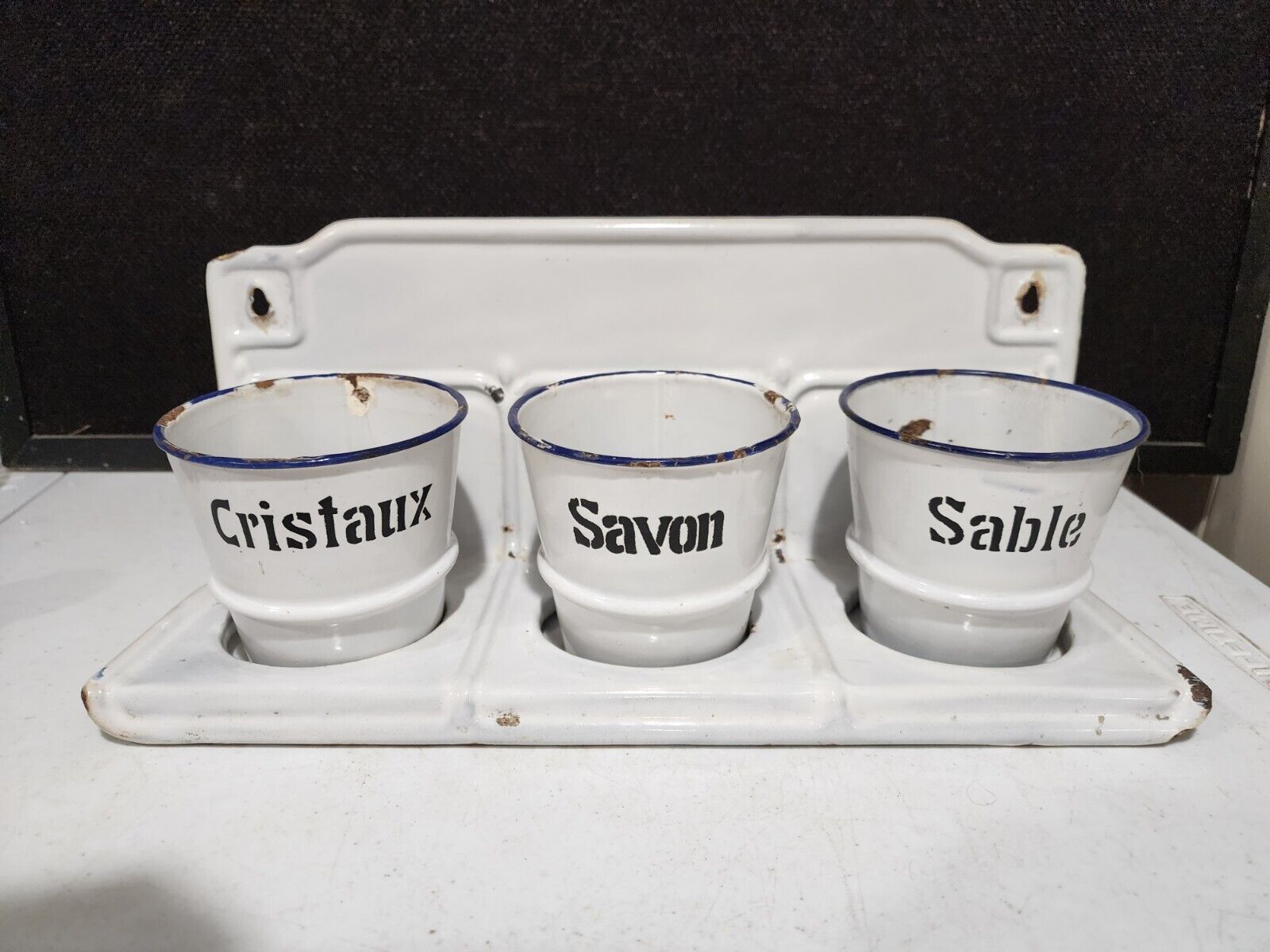 Vintage French Soap Soda Sand Enamel Laundry Rack W/ 3 WHITE Enamelware Pots