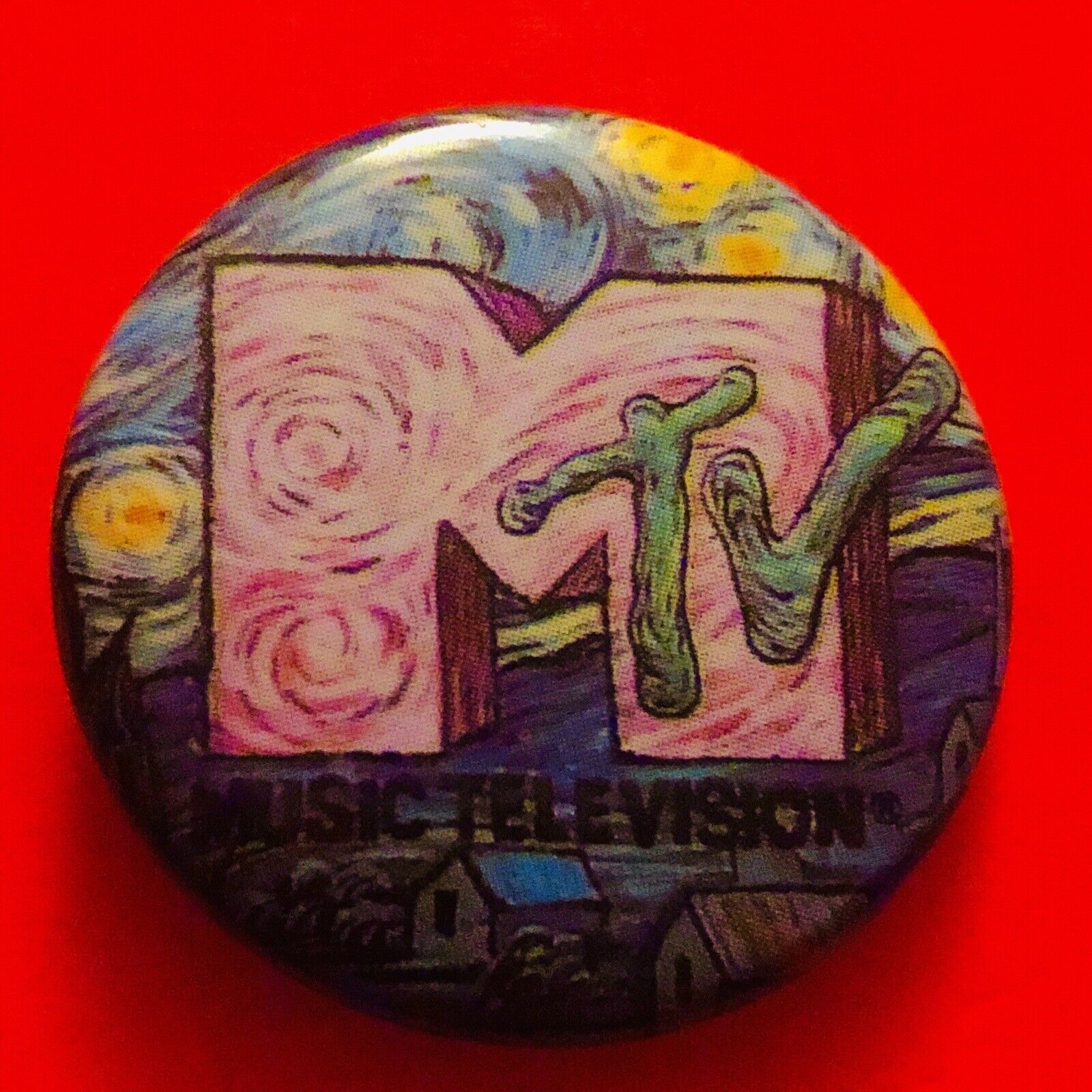 Vintage 1980s Original 80s MTV Metal Pin Pinback BUTTON Van Gogh Art Design VTG