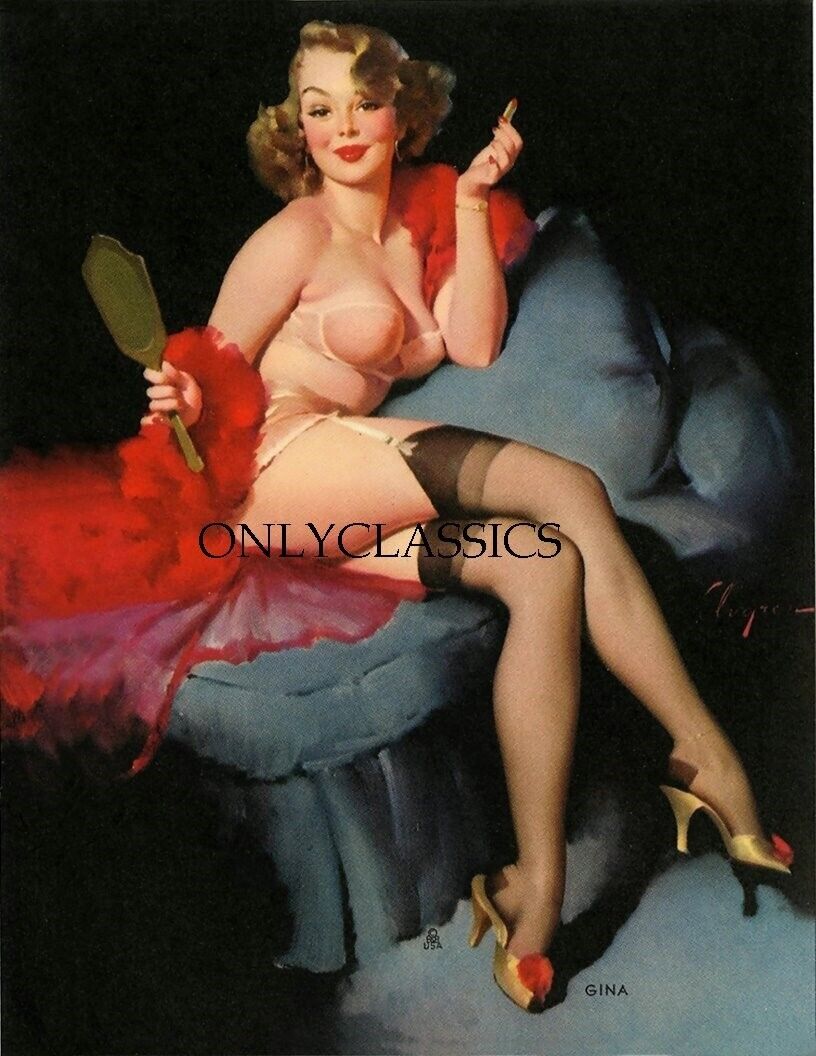 1959 Gil Elvgren Pin-Up Print Gina Sultry Lingerie-Clad Boudoir Beauty Sexy Gina