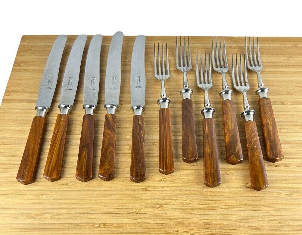 Vintage German Bakelite / Wood Grain Swirl Handle Knife Fork Set of 11 Stainless