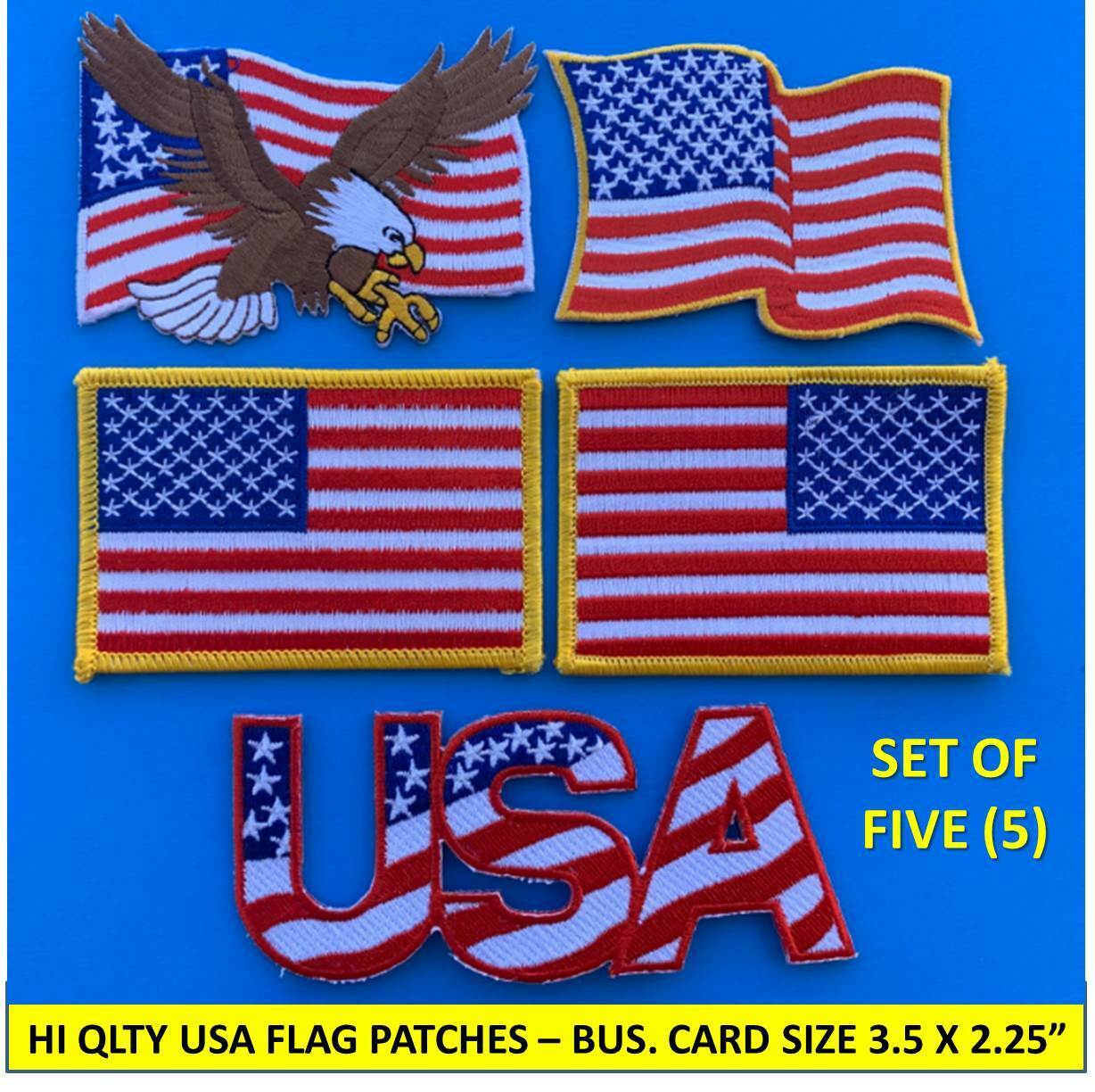 (SET OF 5) AMERICAN USA FLAG EMBROIDERED PATCH IRON-ON SEW-ON GOLD BORDER (LT) 