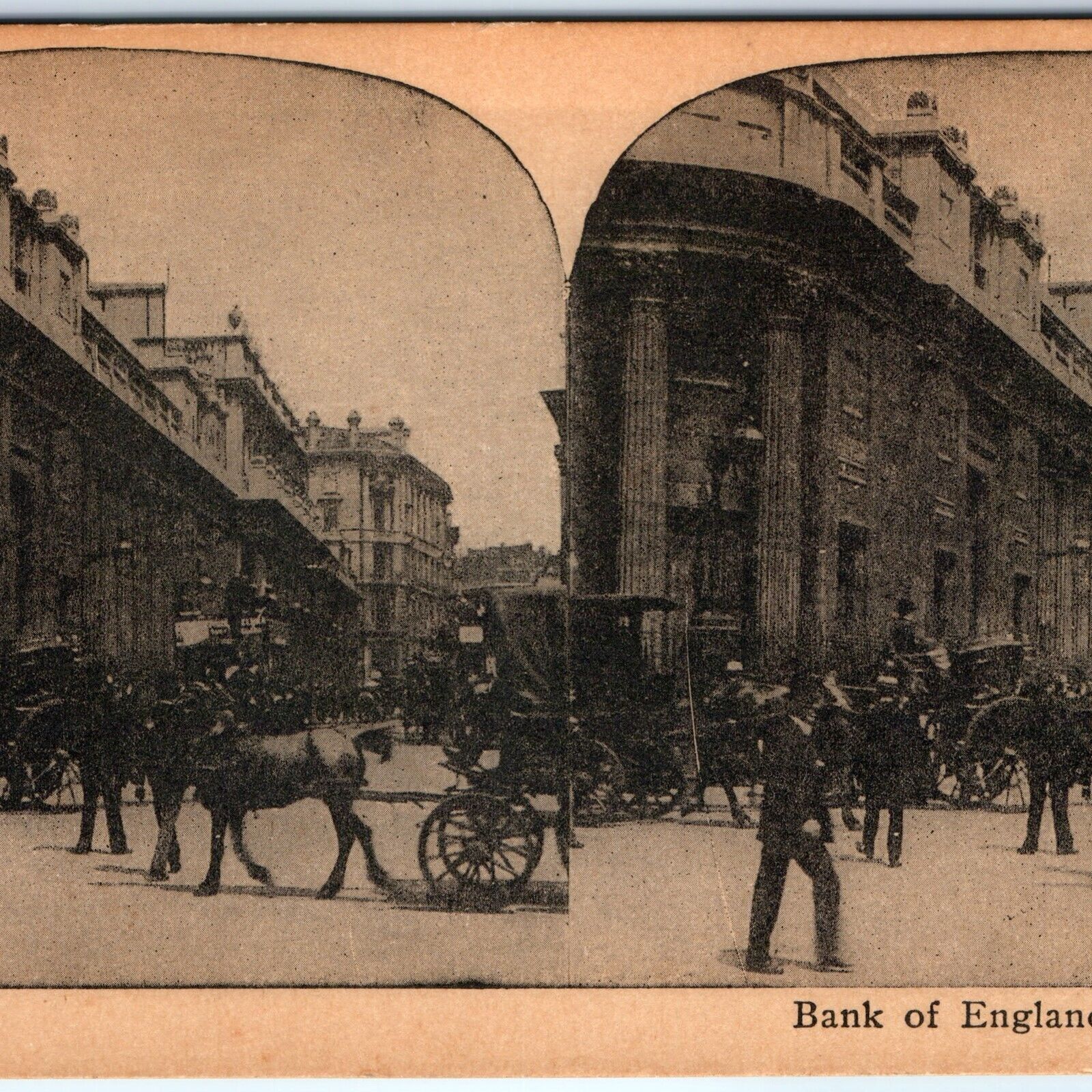 c1900s London, England Downtown Bank Horse Carriage Litho Photo Stereo Card V11