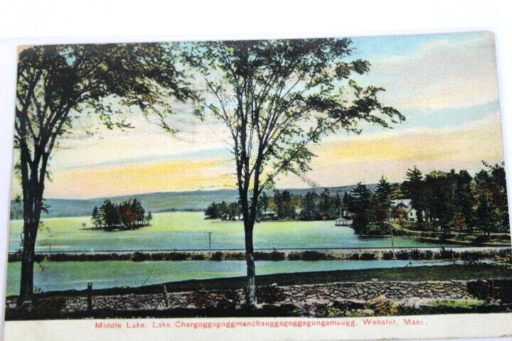Antique Litho-Chrome 1907 Postcard Middle Lake Webster Mass Photo-Litho