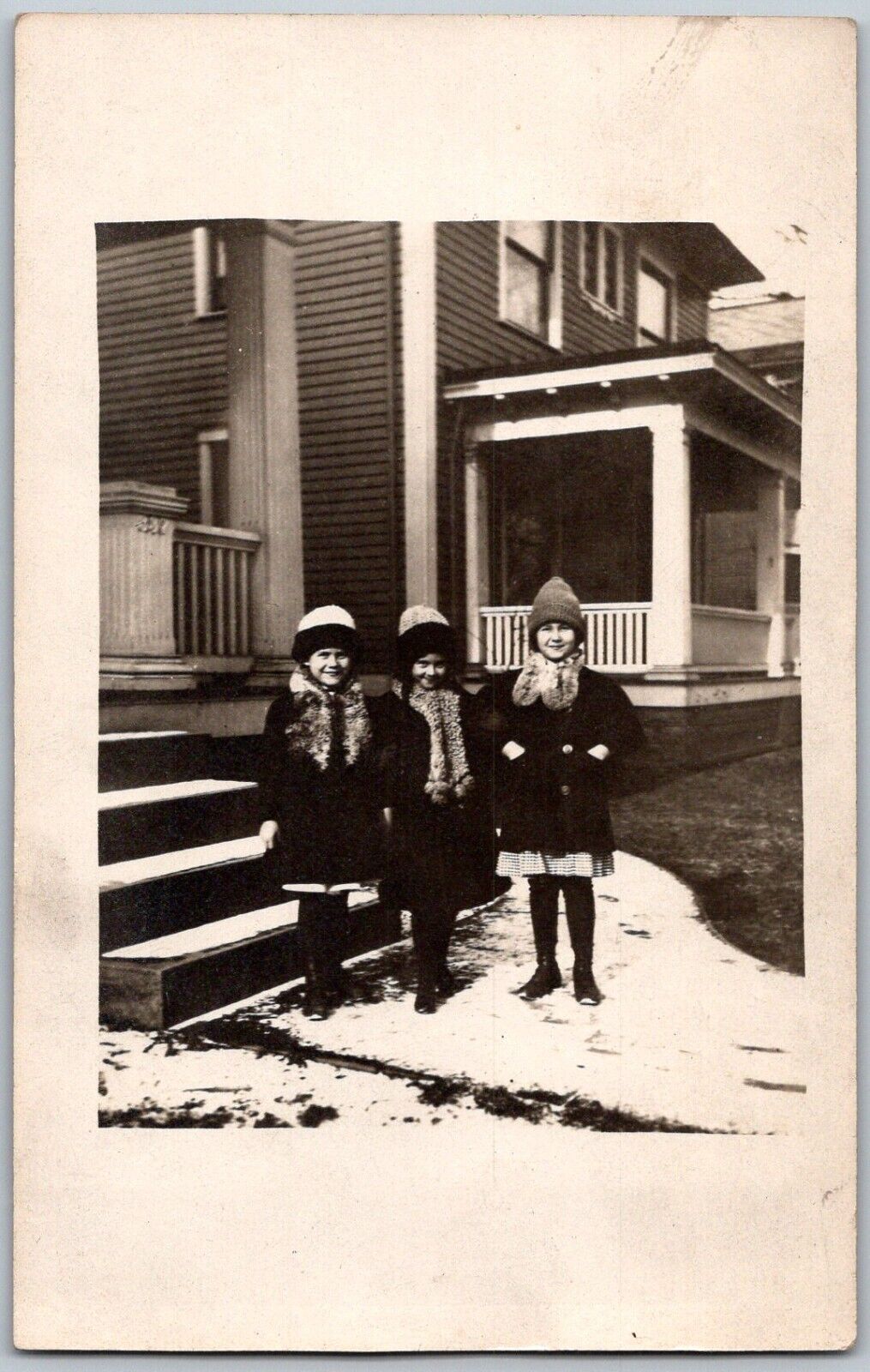 Three Children Winter Coats Hats Scarves c1908 RPPC Real Photo Postcard Snow