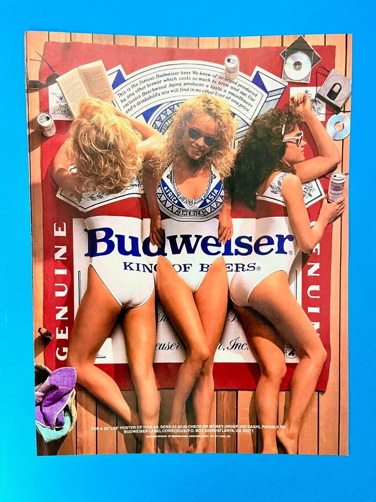 1987 ORIGINAL VINTAGE PRINT AD Budweiser Beer Girls on beach towel