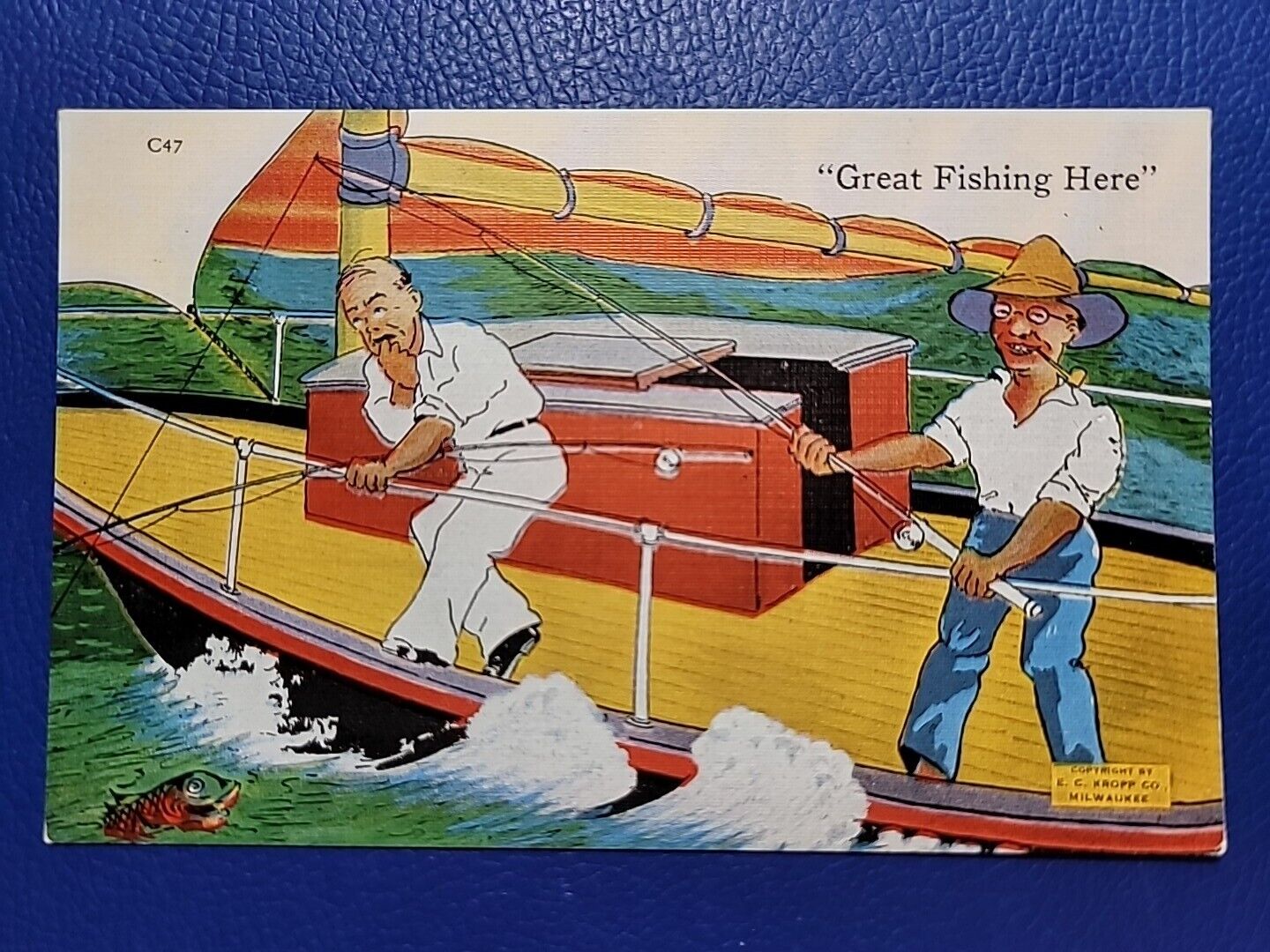 Great Fishing Here 1930\'s Comic Postcard E. C. KROPP CO. MILWAUKEE WIS NEW Linen