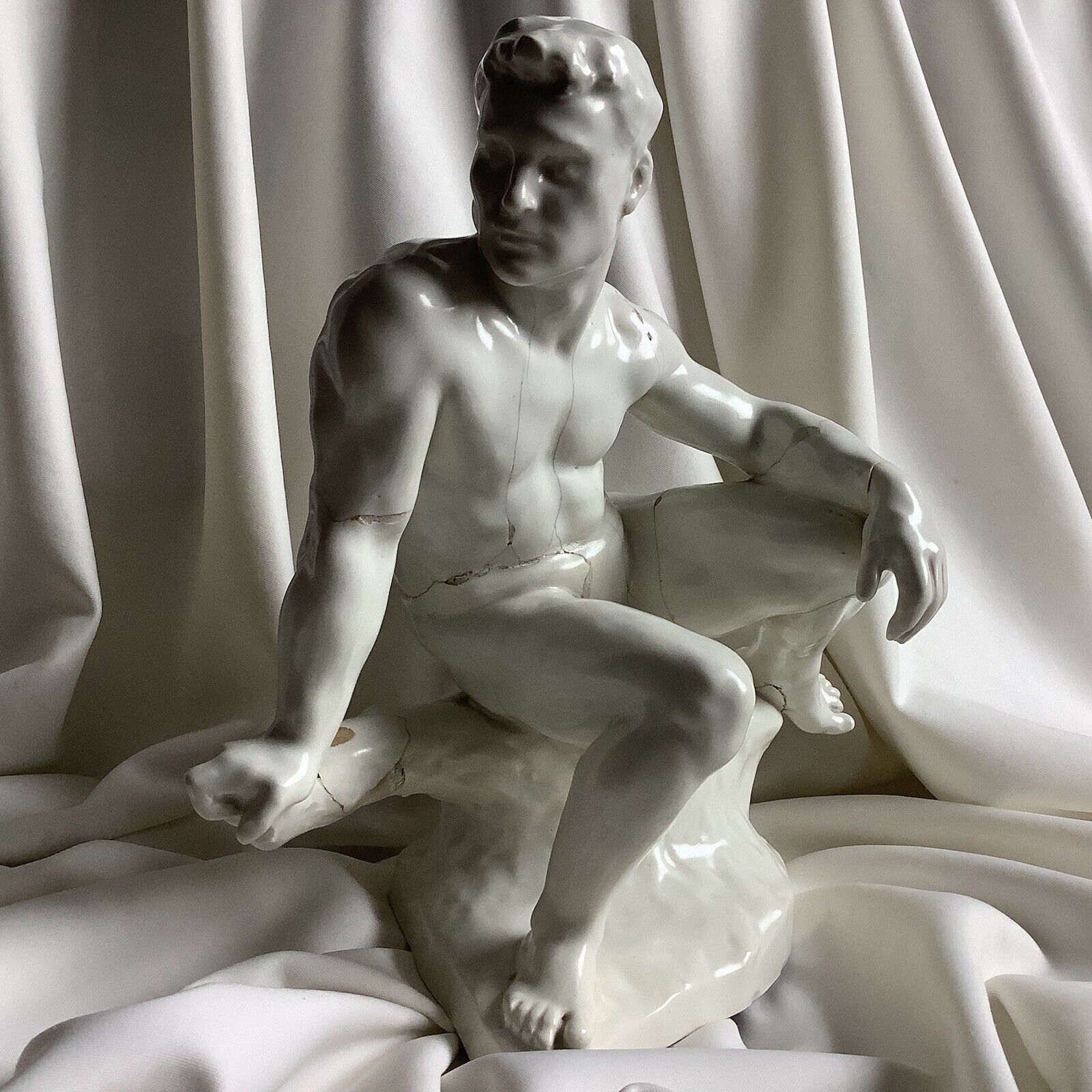 Muscle Nude Male Man Beach Boy Gay Art Body Sculpture Antique Signed Porcelain