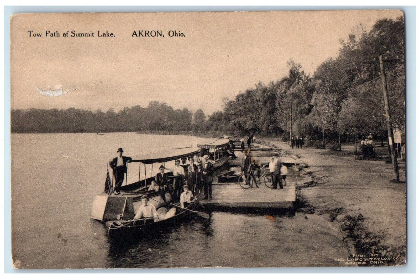 1914 Boating Scene Tow Path at Summit Lake Akron Ohio OH Antique Postcard