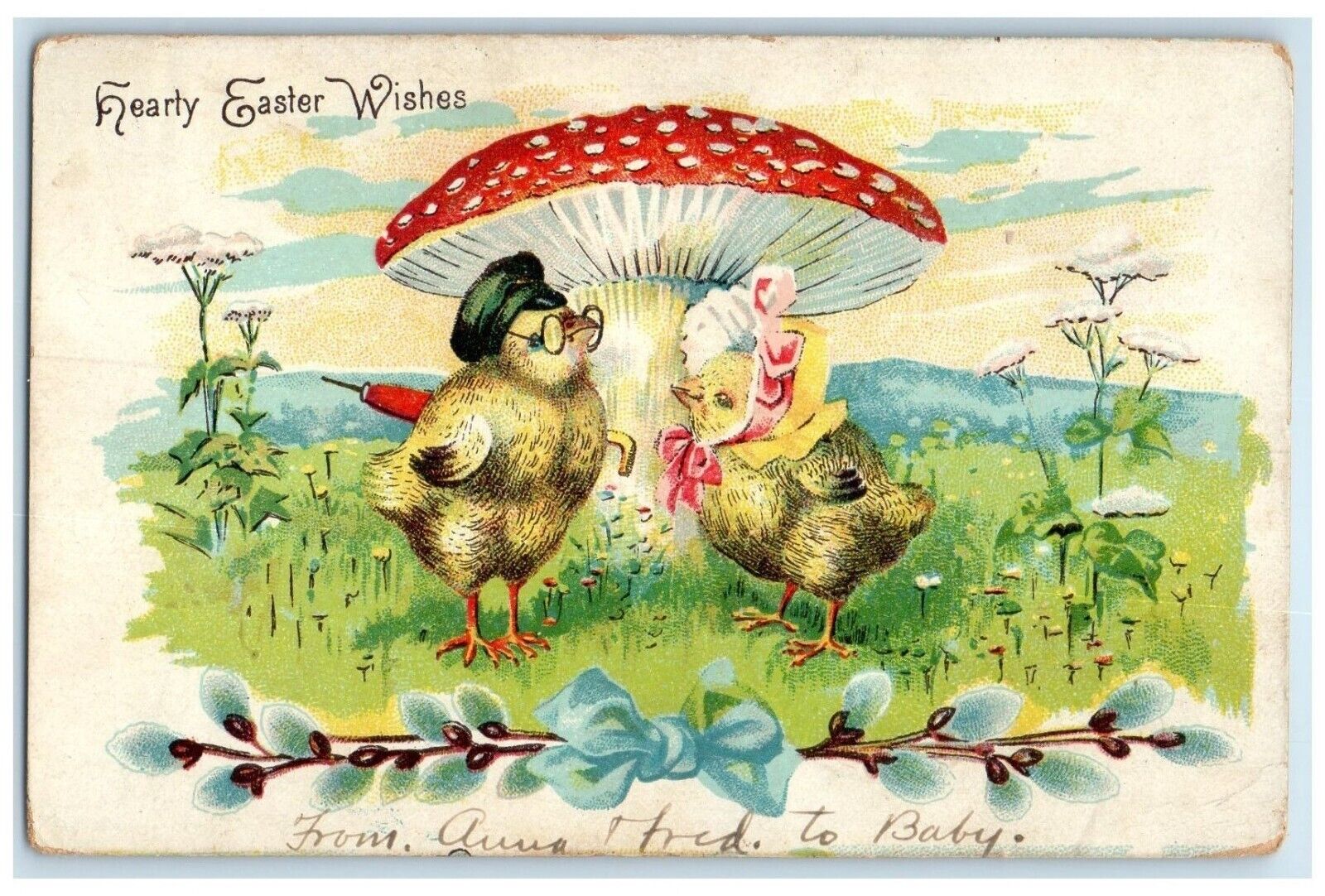 1907 Happy Easter Wishes Anthropomorphic Chicks Mushroom Antique Postcard