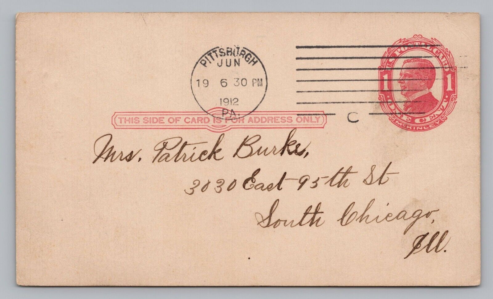 1912 Patrick & Sarah Burke, Pitsburg PA, Chicago IL,  Postcard Postal Card P7