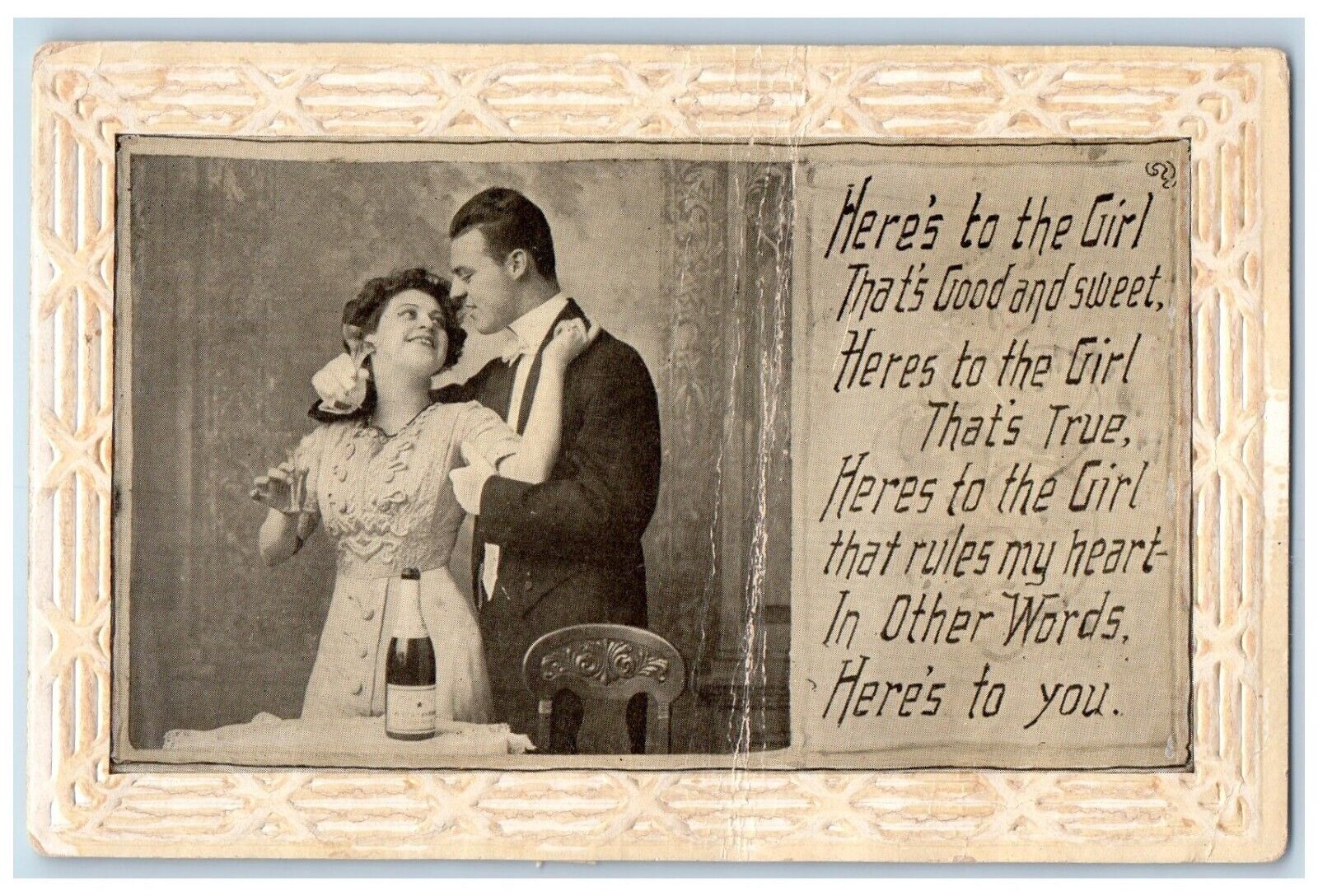 Romance Postcard Sweet Couple Drinking Champagne Message c1910\'s Posted Antique