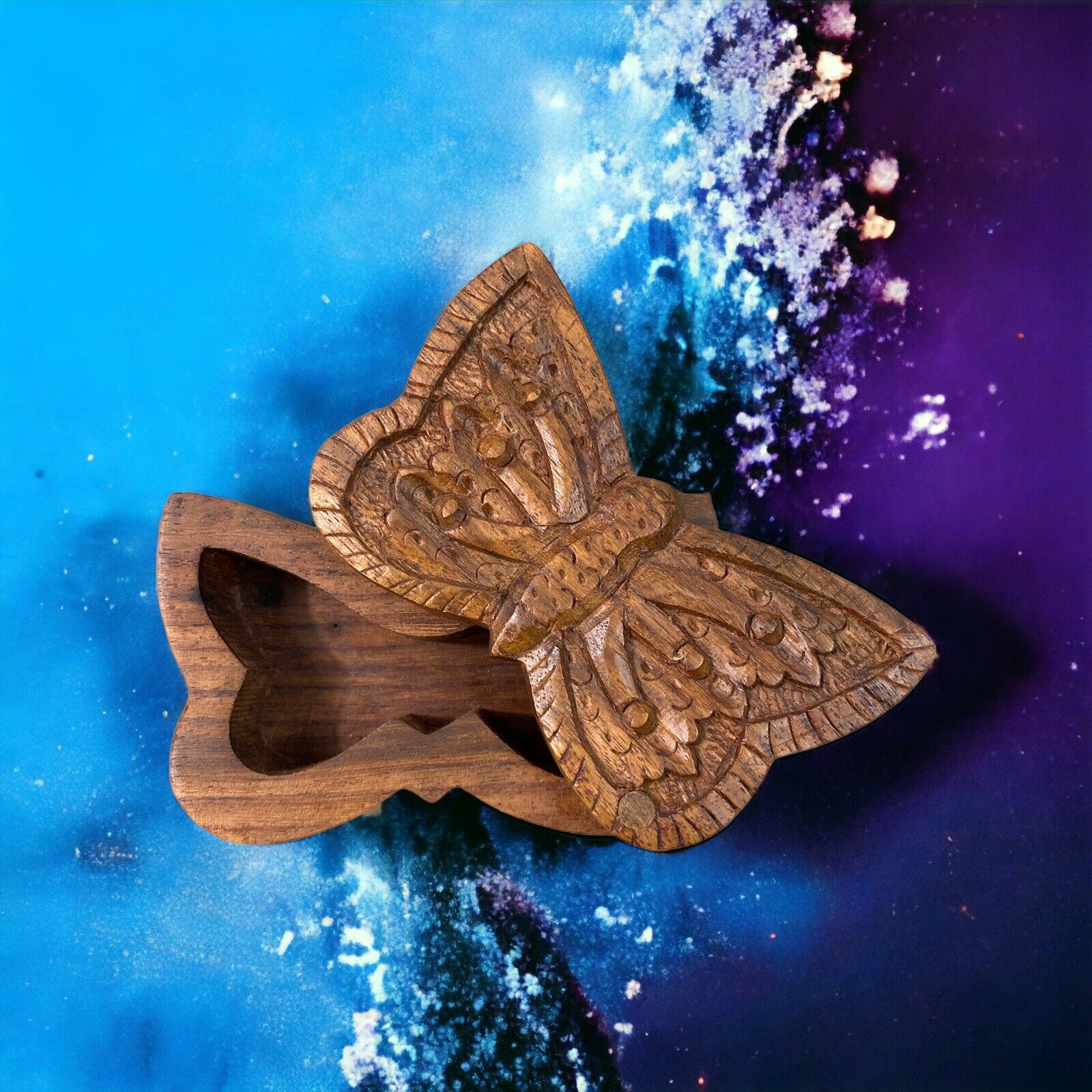 Ten Thousand Villages Carved Wooden Butterfly Trinket Box Slide Hinge Top