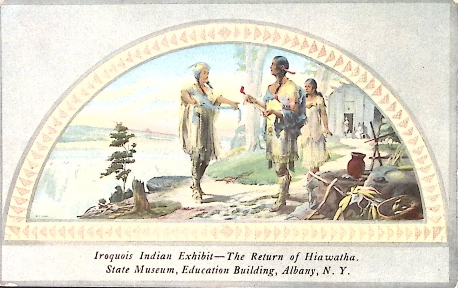 c1910 ALBANY NY IROQUOIS INDIAN EXHIBIT RETURN OF HIAWATHA POSTCARD P4483