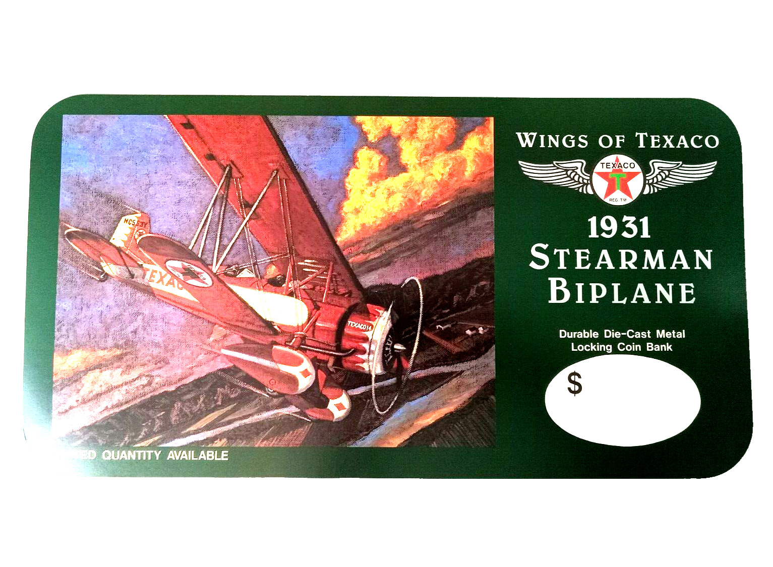 Wings of Texaco 1931 Steaman Biplane Bank Store Advertising Display Sign NOS