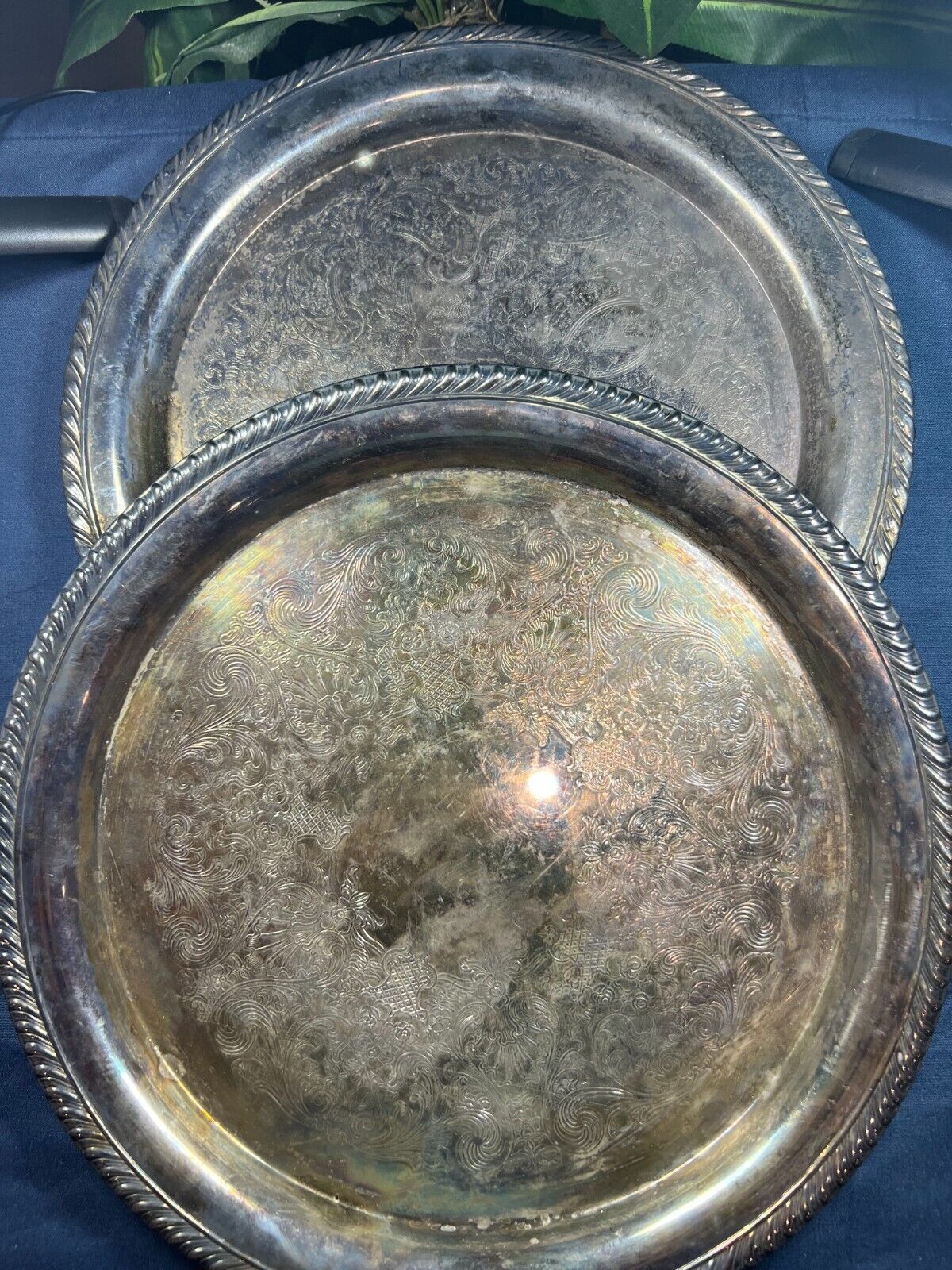 Pewter lot, serving plates, cups, punch bowls