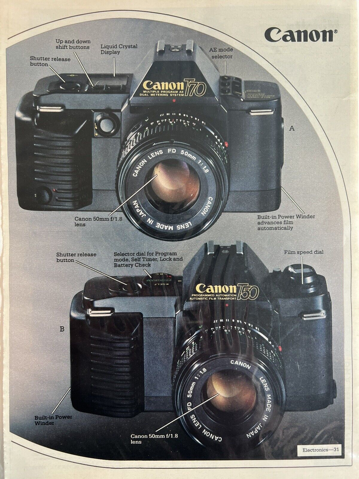 Rare vintage print Camera Ad, Canon T70￼, T50