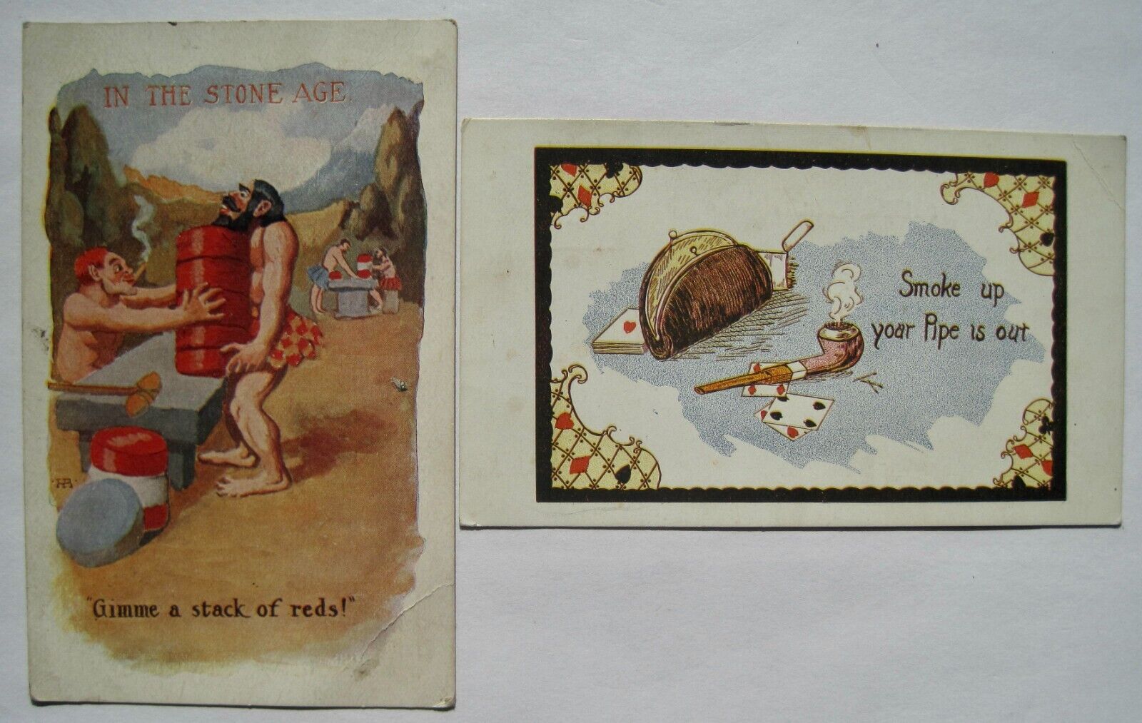 Gambling & Smoking; 2 Old ca. 1908 Humor Postcards; Poker Chips; Cards