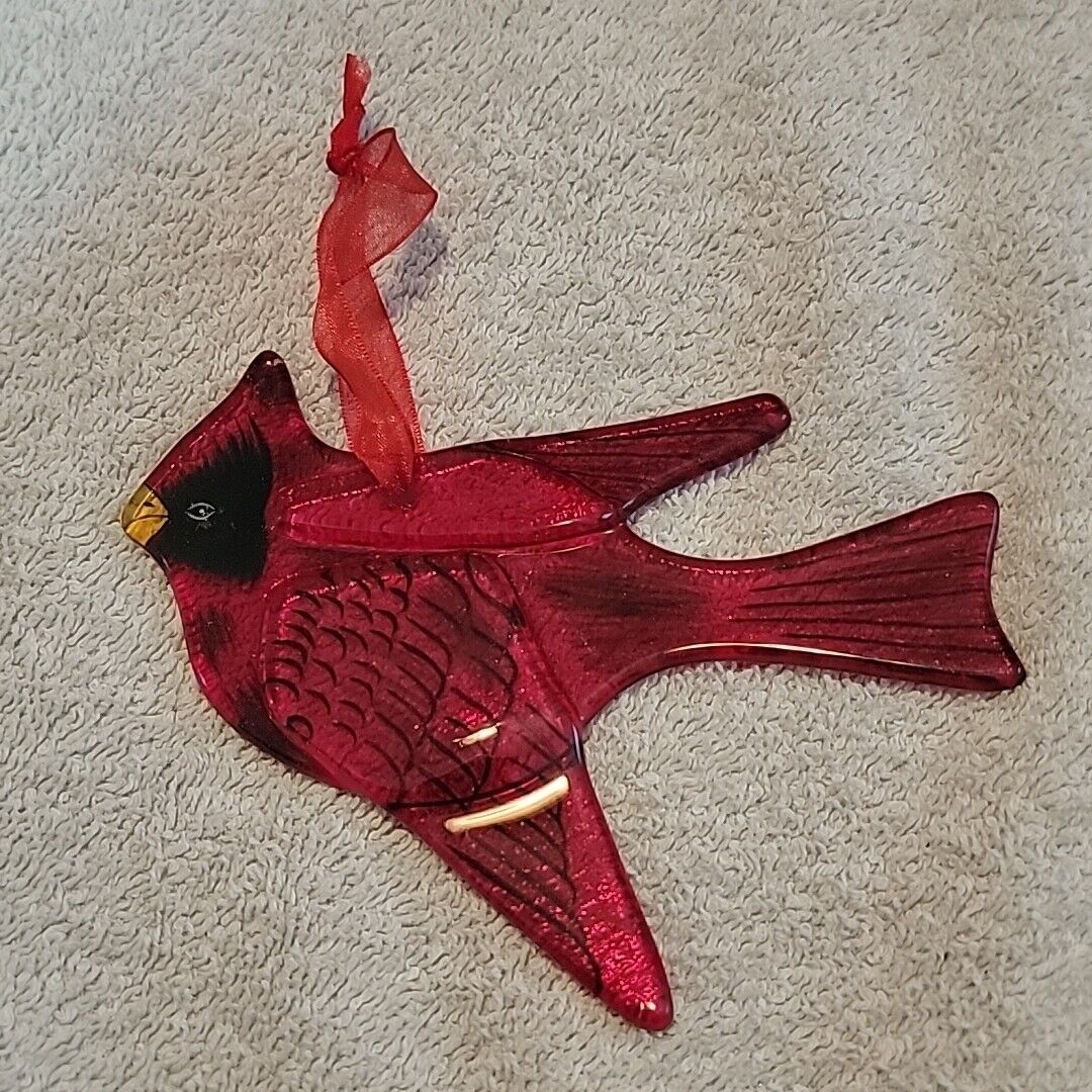 RARE Vtg Red Ruby Cardinal Bird Art Glass Christmas Ornament 5” Long Suncatcher