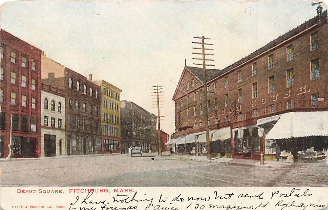 c1905 Depot Square Street Scene  Signs Fitchburg MA P351