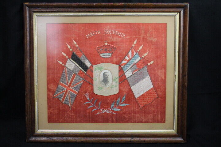 Antique Framed WWI Textile Art Embroidered Needlepoint Malta Souvenir Photo Flag