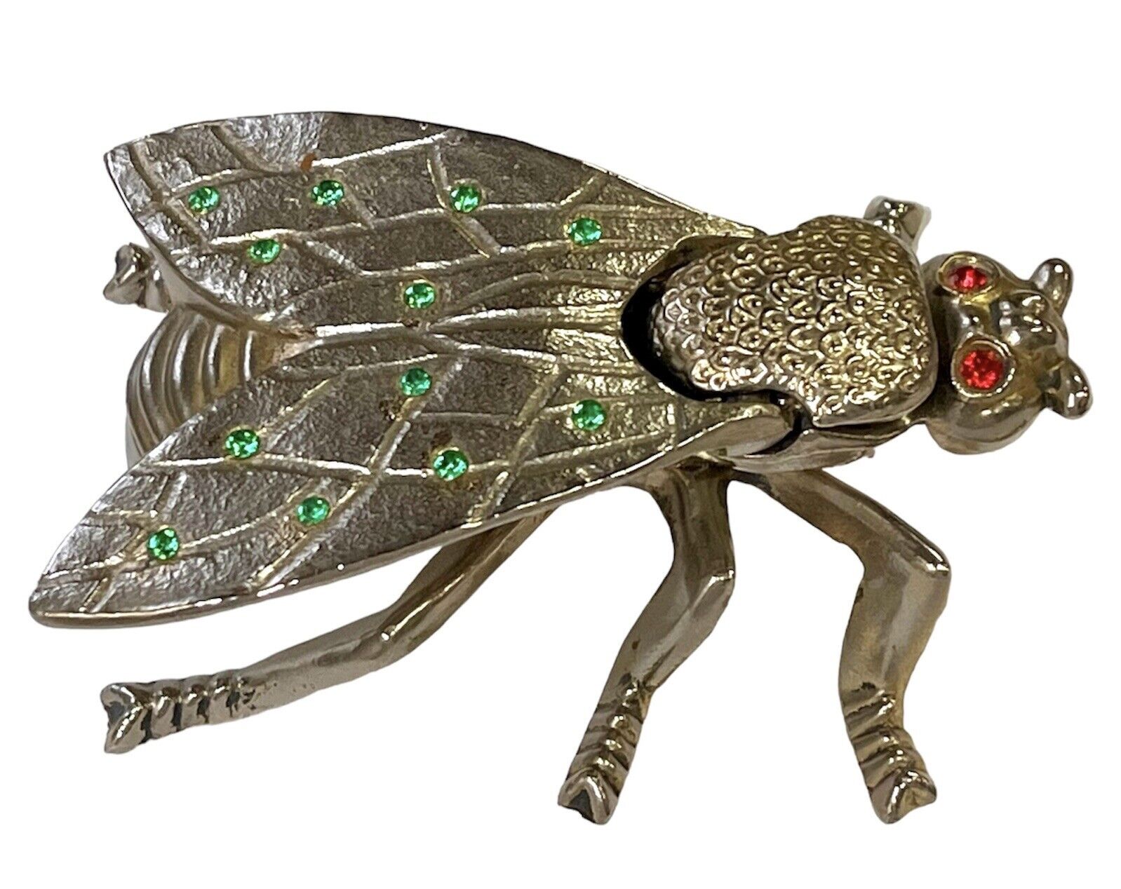 VTG Large Brass & Rhinestones Articulated Fly Insect Bug Stash Trinket Box Retro