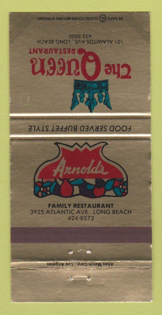 Matchbook Cover - Arnold\'s Restaurant Queen Long Beach CA 30 Strike