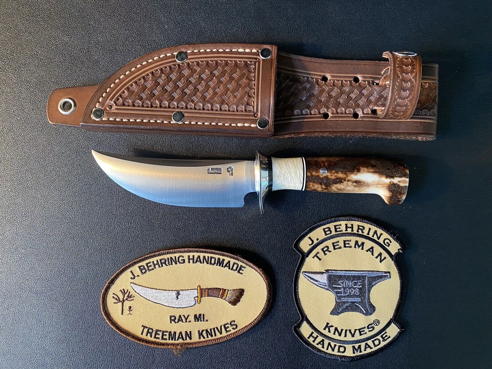 Jim Behring Treeman Knives Hunter, 4 1/4 In Carbon Blade, Musk Ox and Walrus.