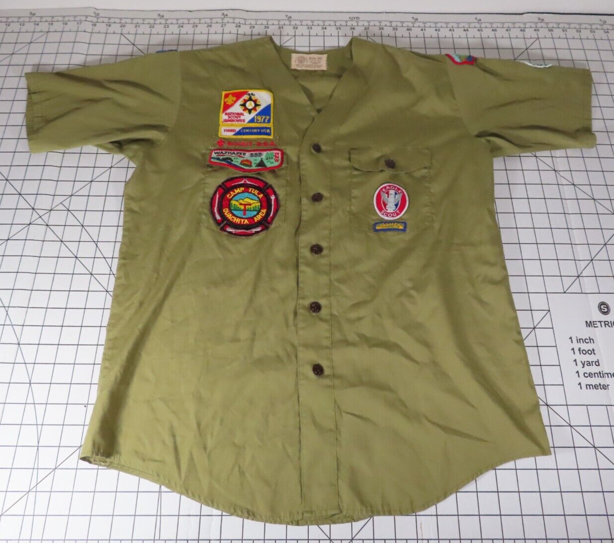 VTG Olive Drab Green BSA Boy Scouts Short Sleeve Uniform Shirt Eagle Patch 1970s