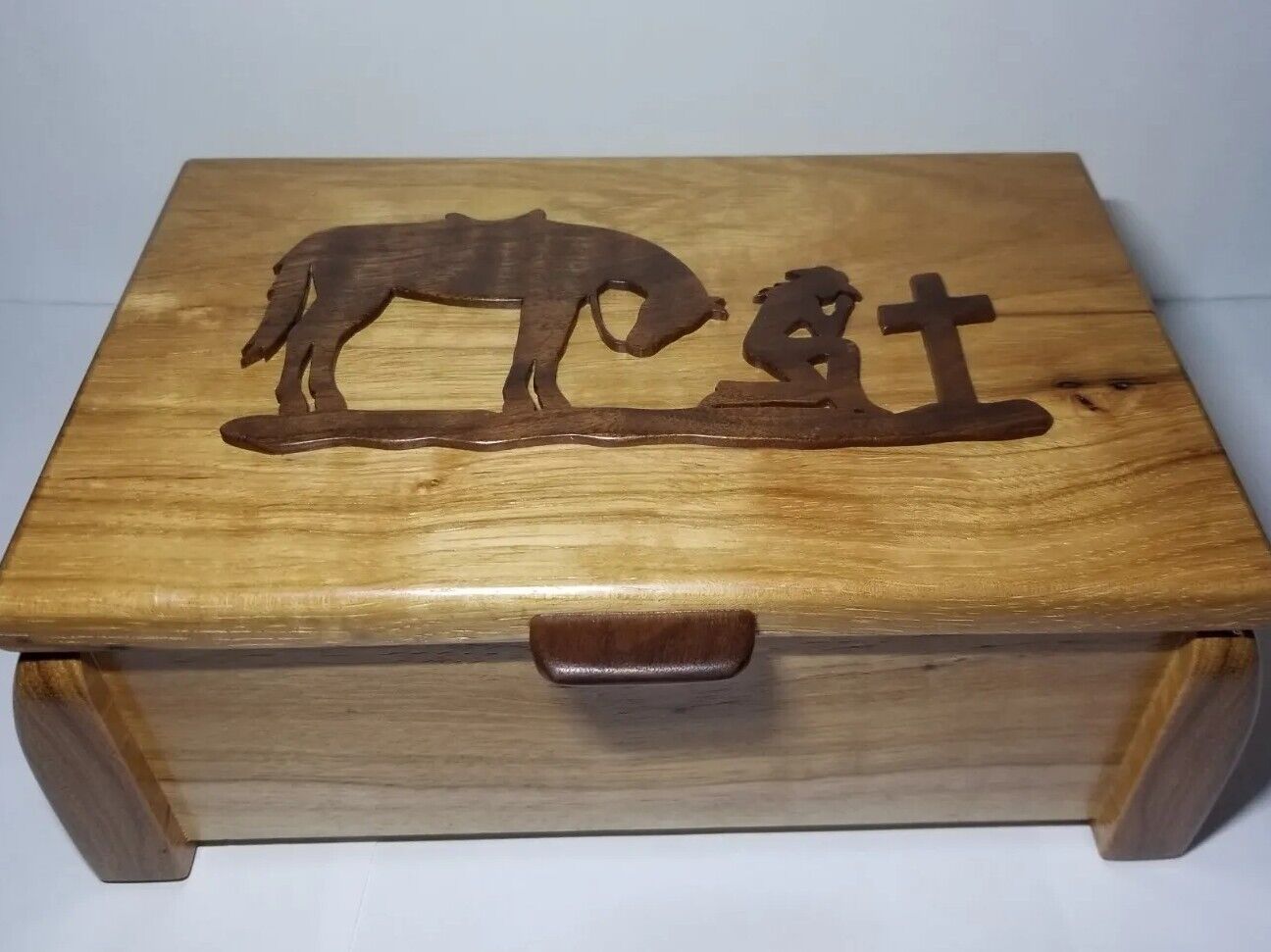 Handmade Wood Keepsake Box Praying Cowboy Horse Cowgirl Pecan Walnut 9.5\