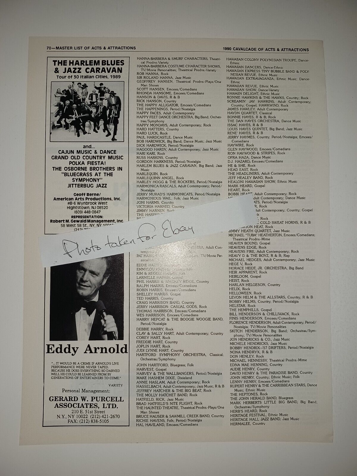 Eddy Arnold. Harlem Blues & Jazz Caravan Vintage 1990 8x11 Magazine Ad