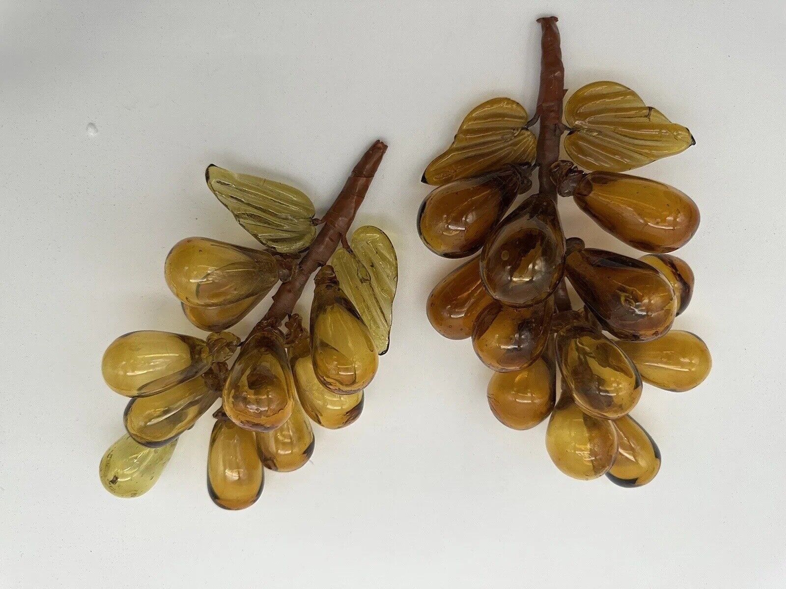VTG Amber Glass Grapes Set Of Two Clusters Mid Century Modern 60s 70s FLAW READ