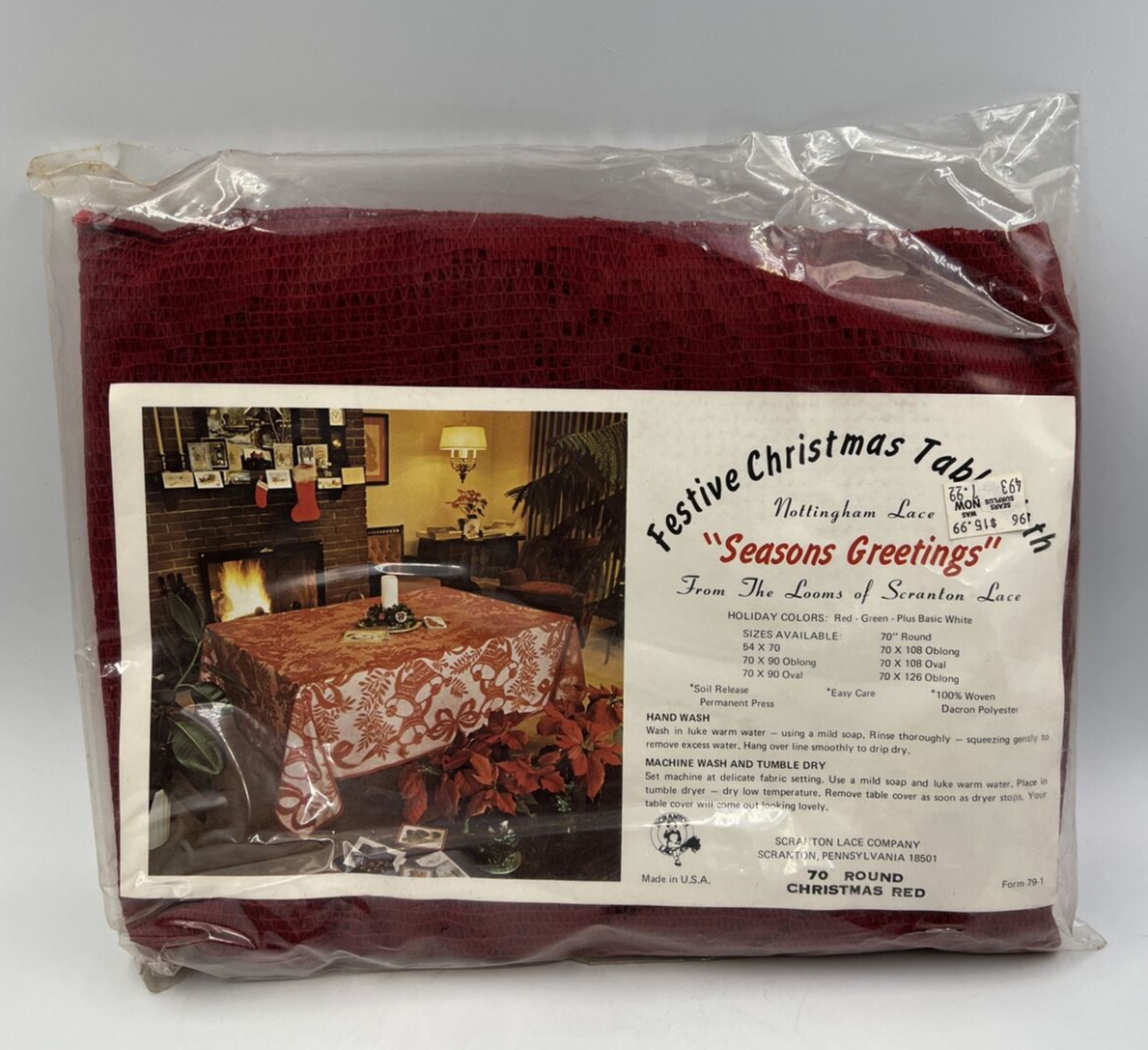 Vintage Scranton Lace Company “Seasons Greetings” 60” Red Nottingham Tablecloth