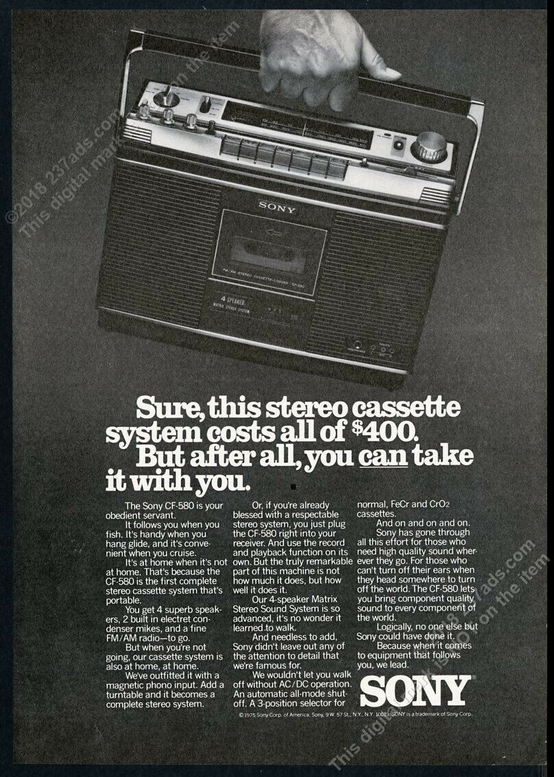 1977 Sony CF-580 ghetto blaster portable stereo photo vintage print ad