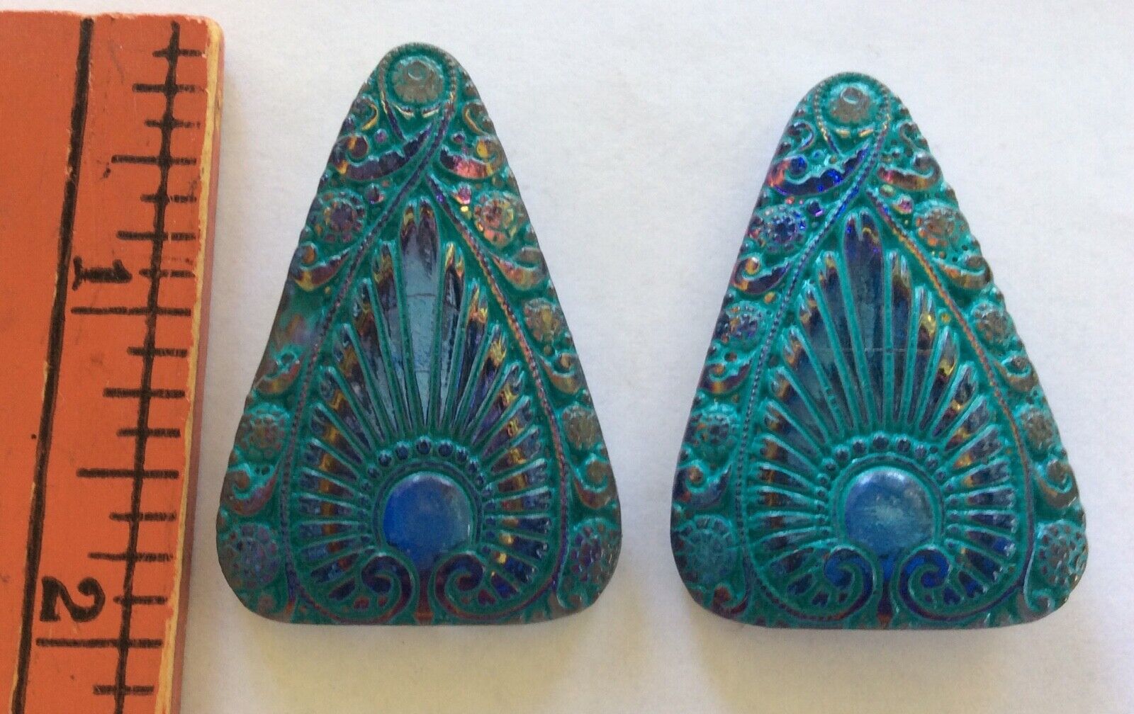 45mm Vintage Czech Glass Egyptian Revival Blue w/Blue Wash Triangle Buttons 2pc