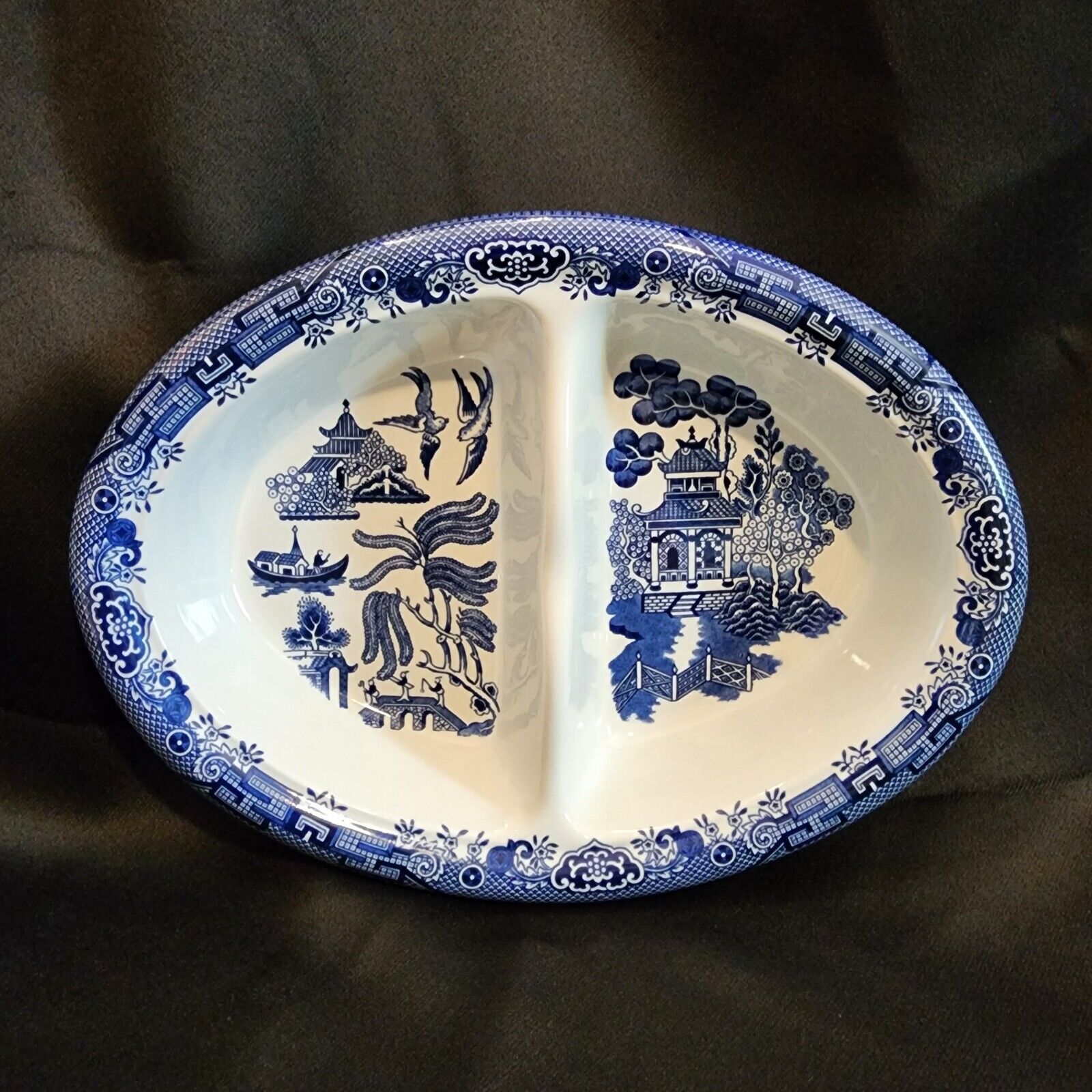 Vintage Blue Willow Divided Oval Serving Dish Bowl