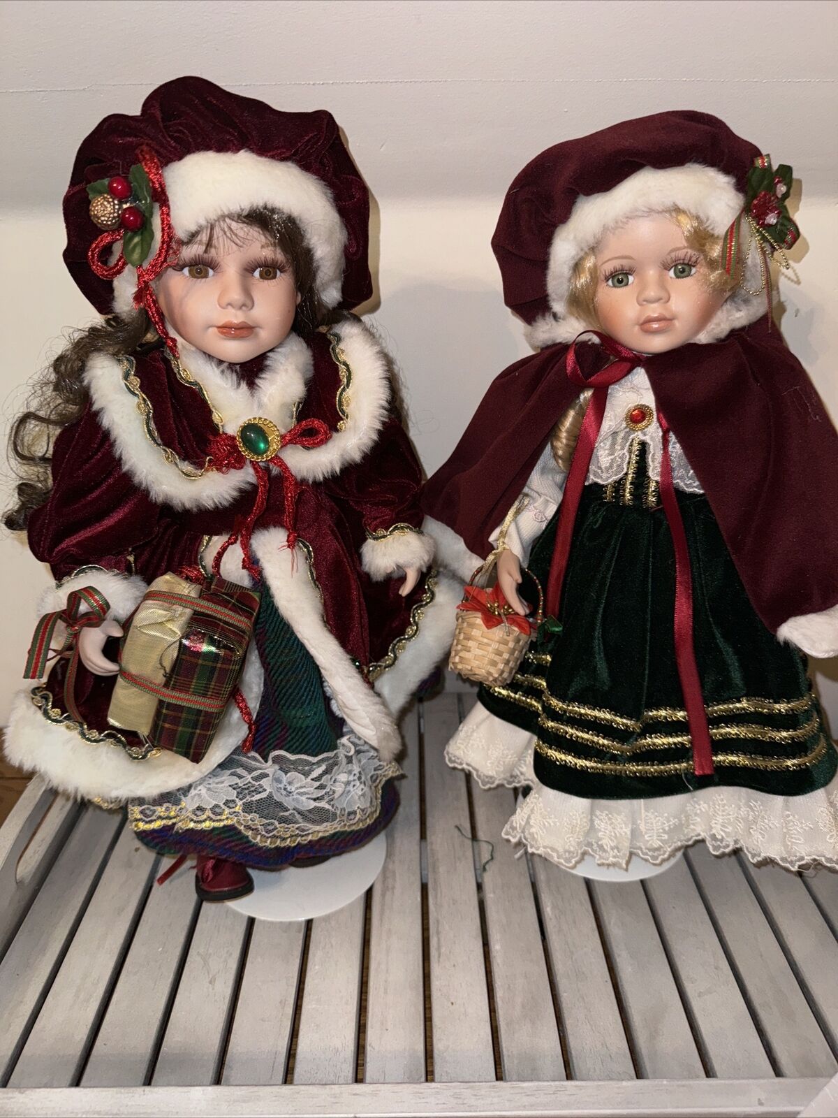 Pair of 16” Vintage porcain dolls Christmas Velvet dress / Hat Soft Body