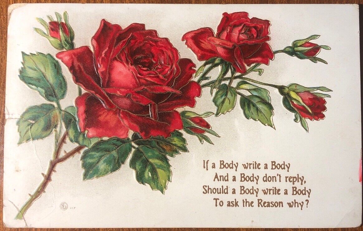 Antique Embossed Postcard PM 1910 Beautiful Red Roses Design, Teasing Poem